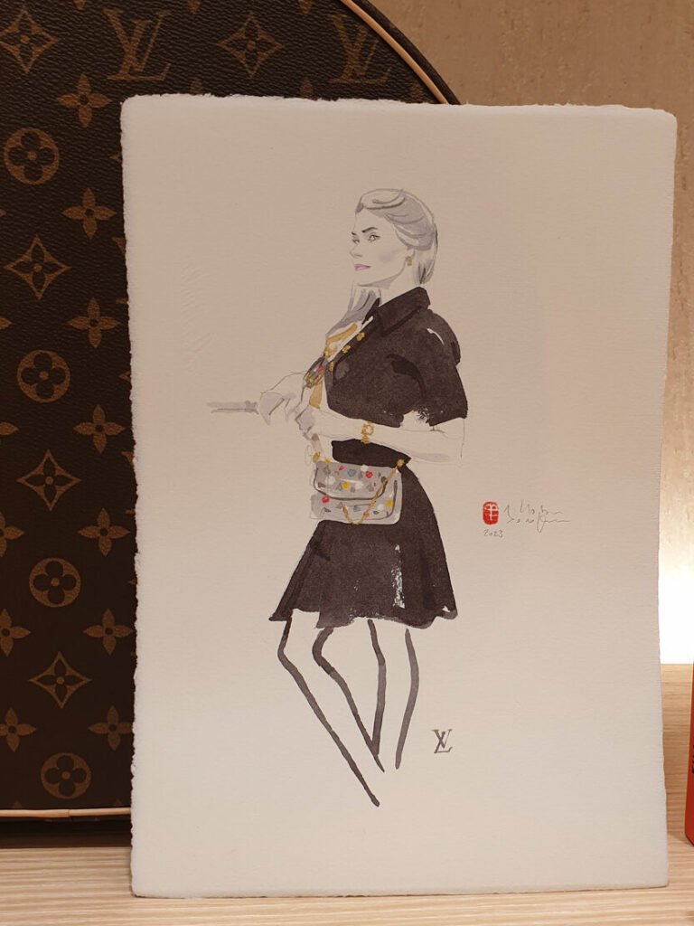Croquis de mode d'une invitée réalisé en direct lors d'un événement de luxe