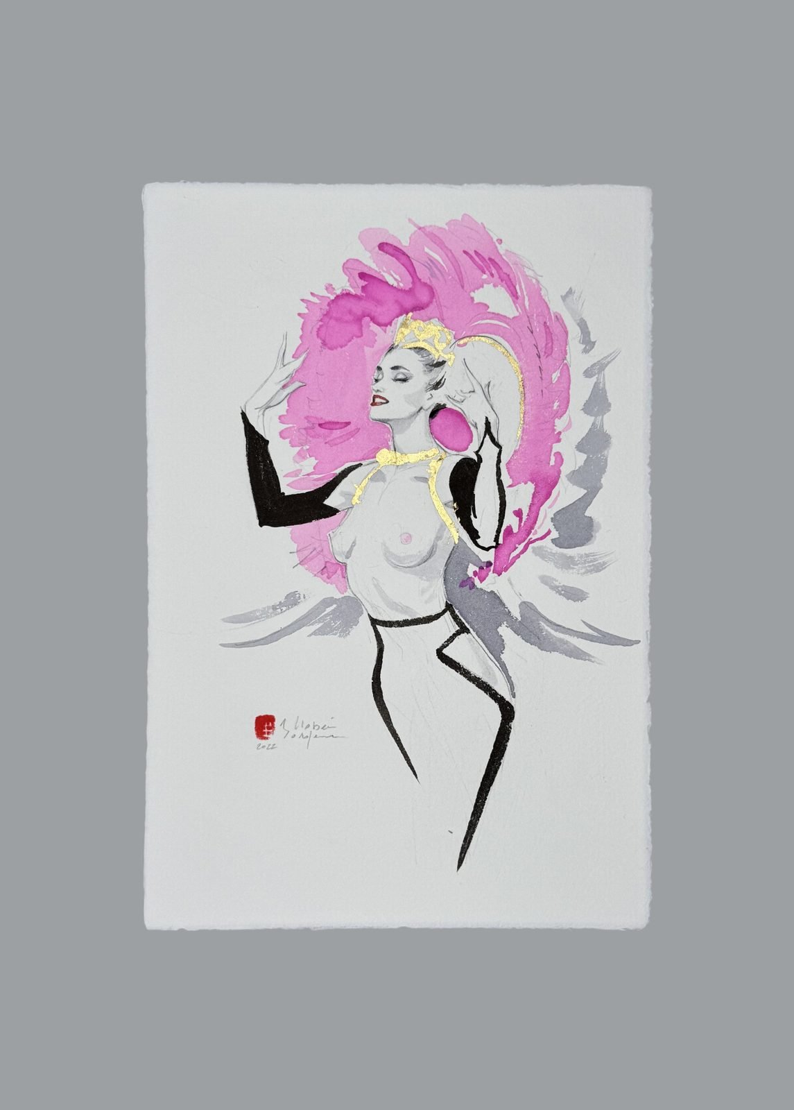 Plume Rose, dessin original de mode de Hossein Borojeni