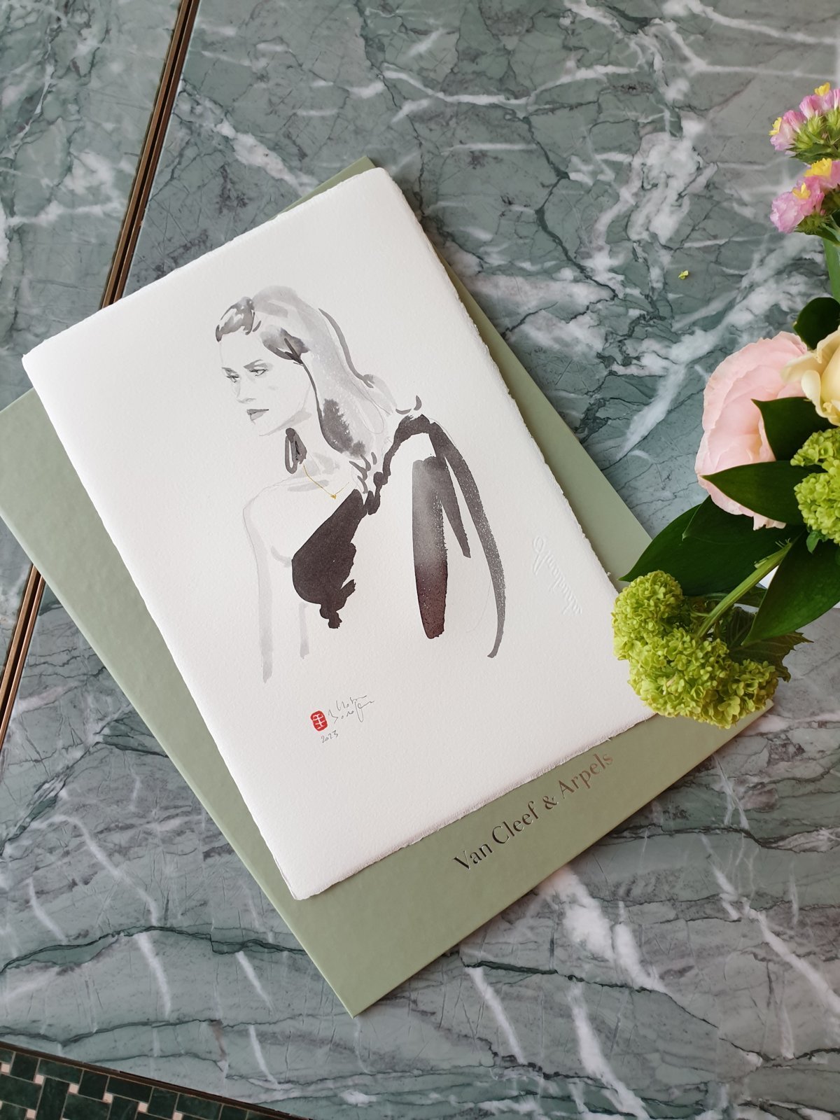 Portrait à l'encre réalisé en direct pour Van Cleef & Arpels à Genève